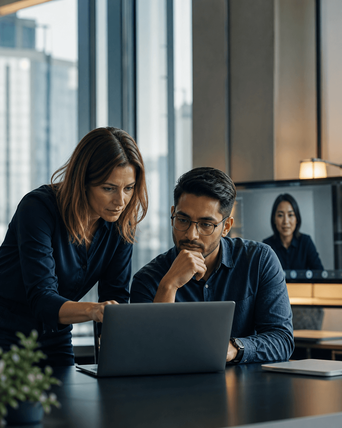 Conceptual scene of professionals reviewing work together