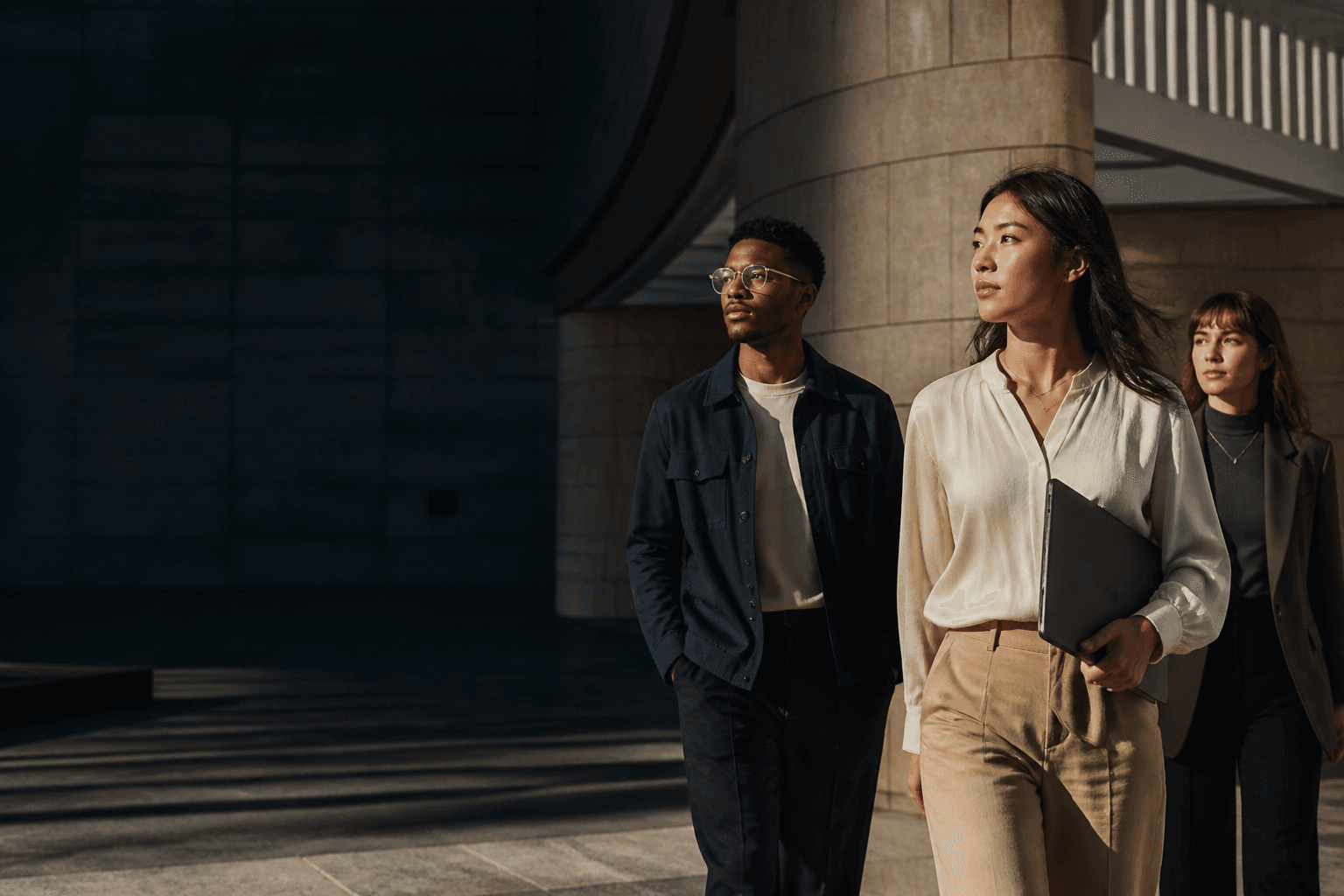 Conceptual editorial portrait of diverse professionals moving through a modern city