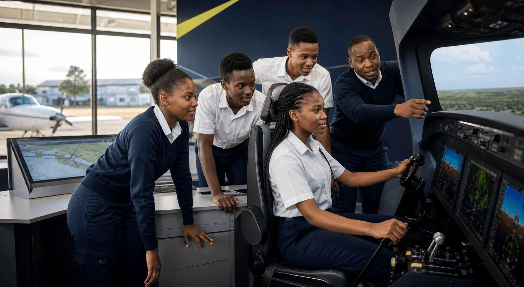 African youth aviation cadets learning with a modern flight simulator